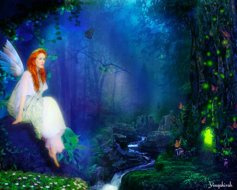 Red-haired Fairy in Forest — Blue, Serene