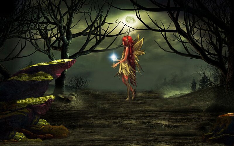 Red-haired Fairy in Forest — Green, Dark