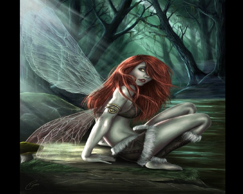 Red-haired Fairy in Forest — Green, Mysterious, Night