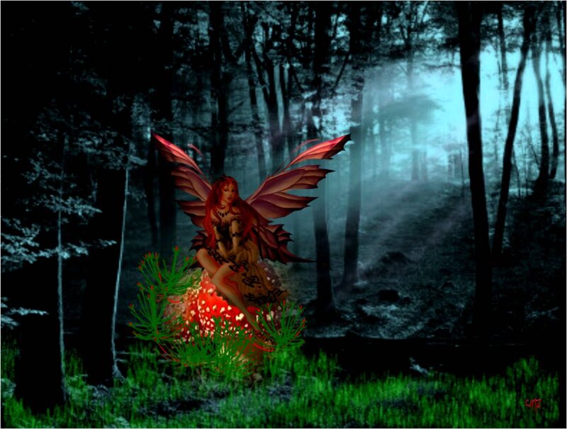 Red-haired Fairy in Forest — Green, Mysterious