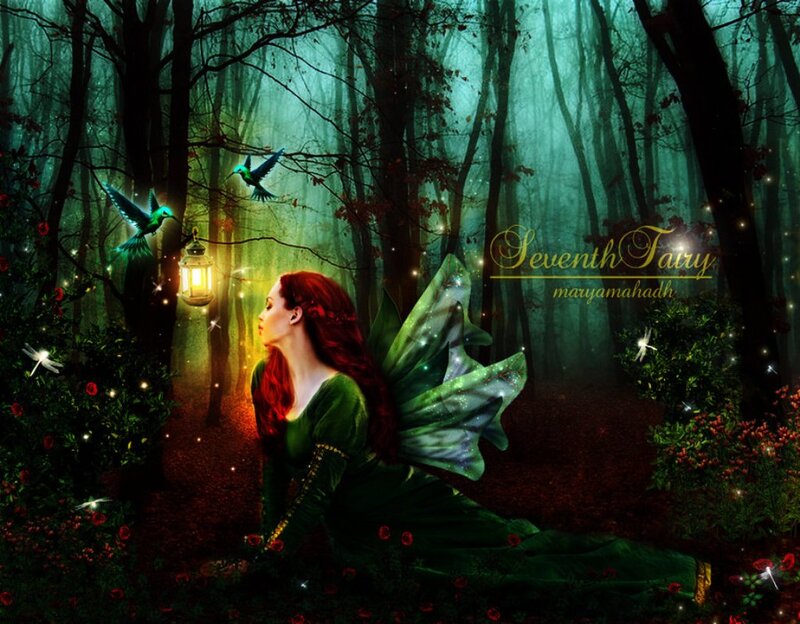 Red-haired Fairy in Forest — Green, Mystical