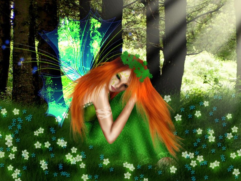 Red-haired Fairy in Forest — Green, Serene