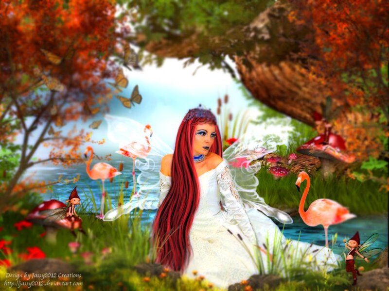 Red-haired Fairy in Garden — White