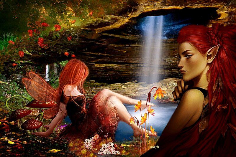 Red-haired Fairy Near Waterfall