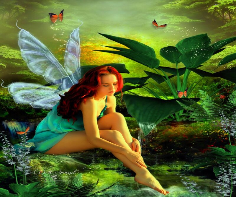 Red-haired Fairy Sitting — Green, Serene
