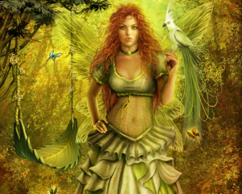 Red-haired Fairy with Bird — Green