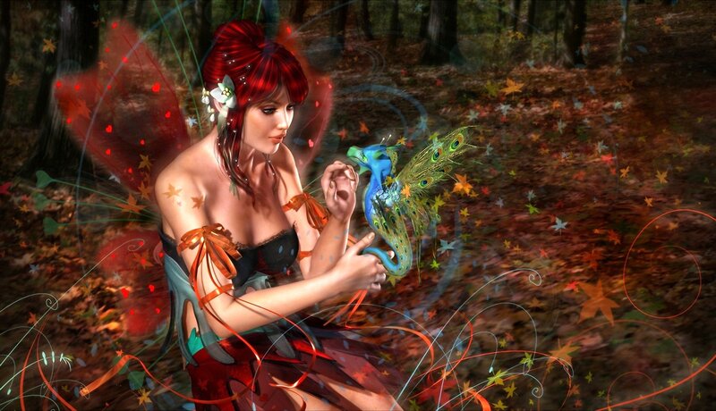 Red-haired Fairy with Bird — Red, Magical, Autumn