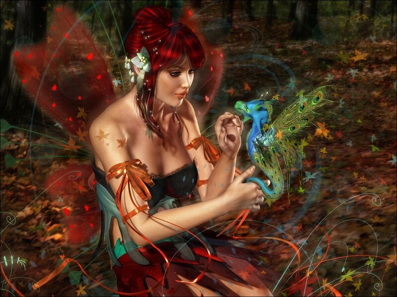 Red-haired Fairy with Bird — Red, Serene