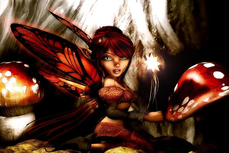 Red-haired fairy with mushrooms