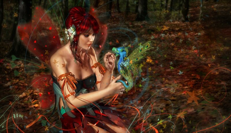 Red-haired fairy with peacock dragon
