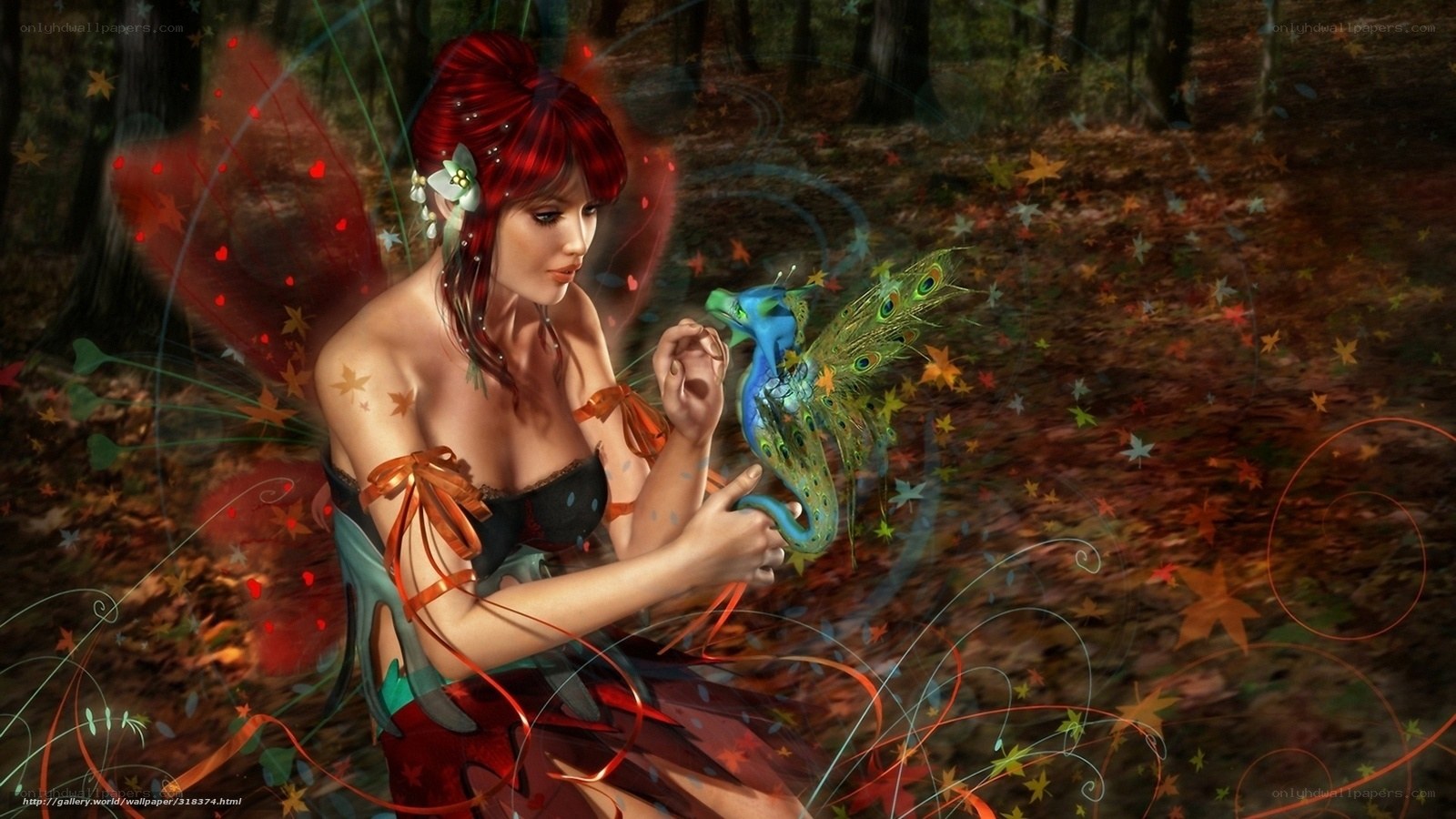 Red-haired fairy with peacock dragon