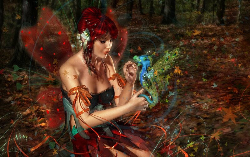 Red-haired Fairy with Peacock