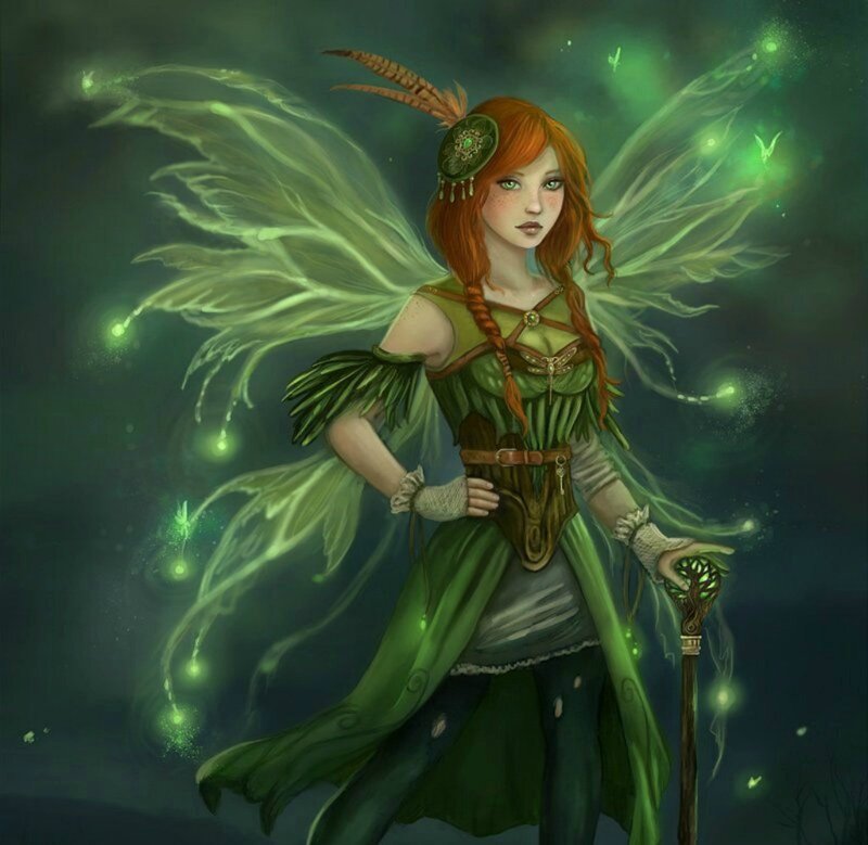 Red-haired Fairy with Wings — Green, Mystical