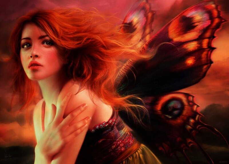 Red-haired Fairy with Wings — Red, Dramatic, Sunset