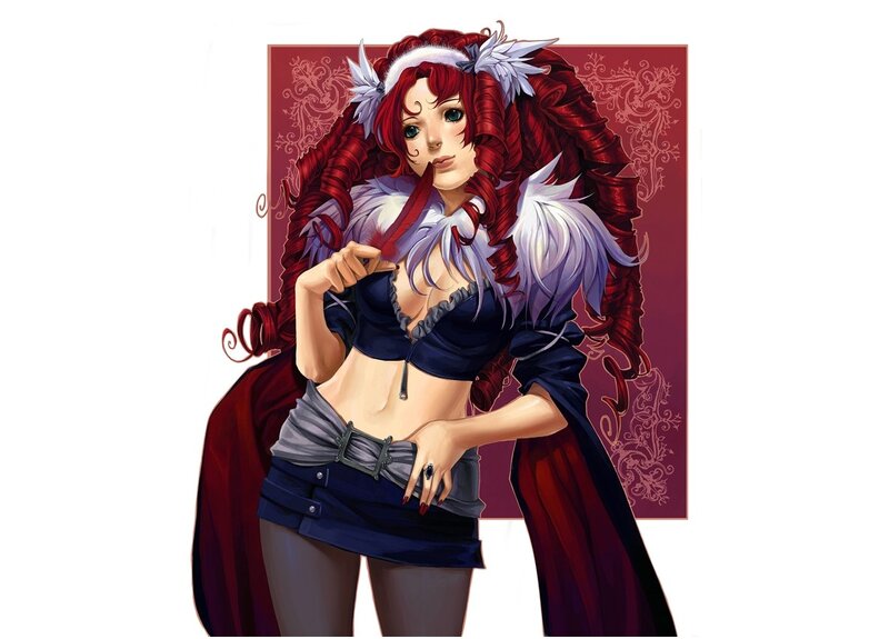 Red-haired fantasy woman with feathered cape
