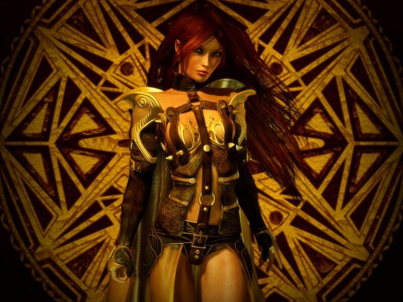 Red-haired Female Warrior — Gold, Dramatic, 3d Render, Armor, Long Hair