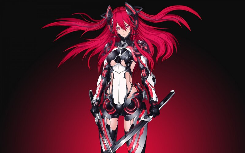 Red-haired Female Warrior — Red, Dramatic, Anime, Swords
