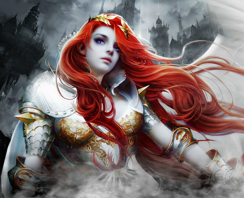 Red-haired Female Warrior — Red, Dramatic, Digital Art, Castle