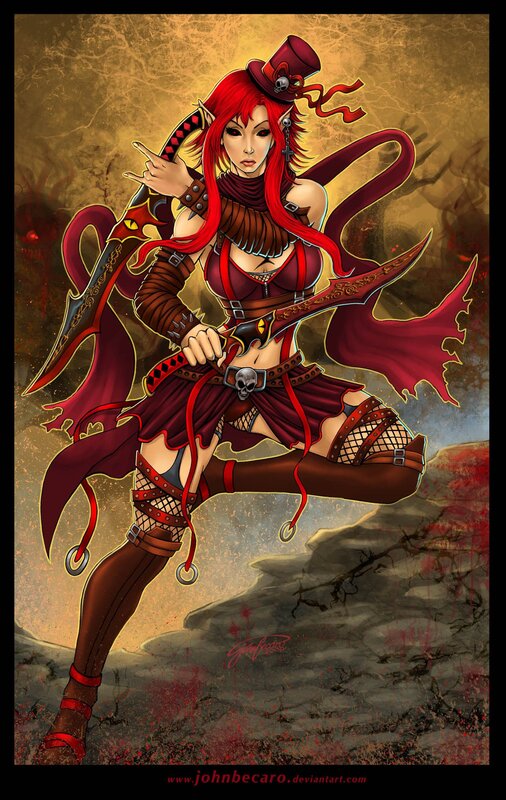 Red-haired Female Warrior — Red, Dramatic, Digital Art, Sword, Top Hat