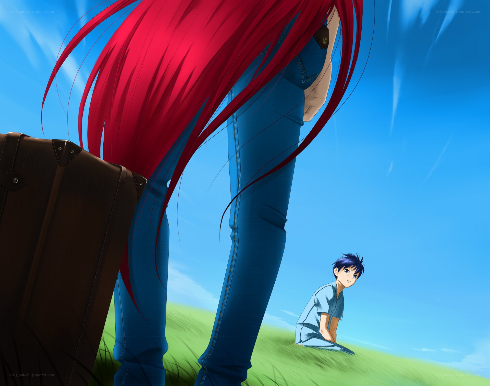 Red-haired figure and boy in field