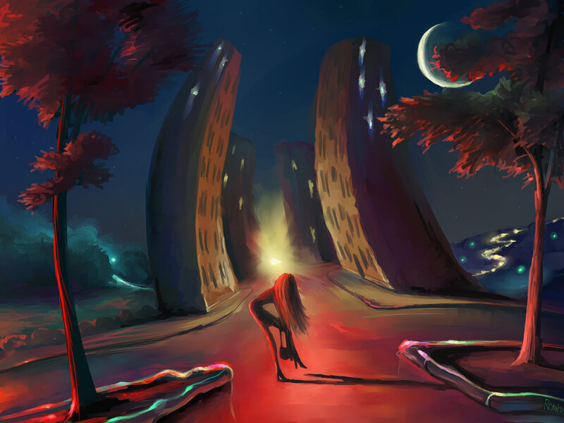Red-haired figure in a surreal city