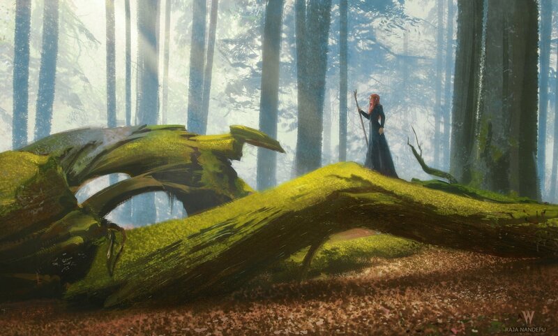 Red-haired Figure in Forest — Green, Serene