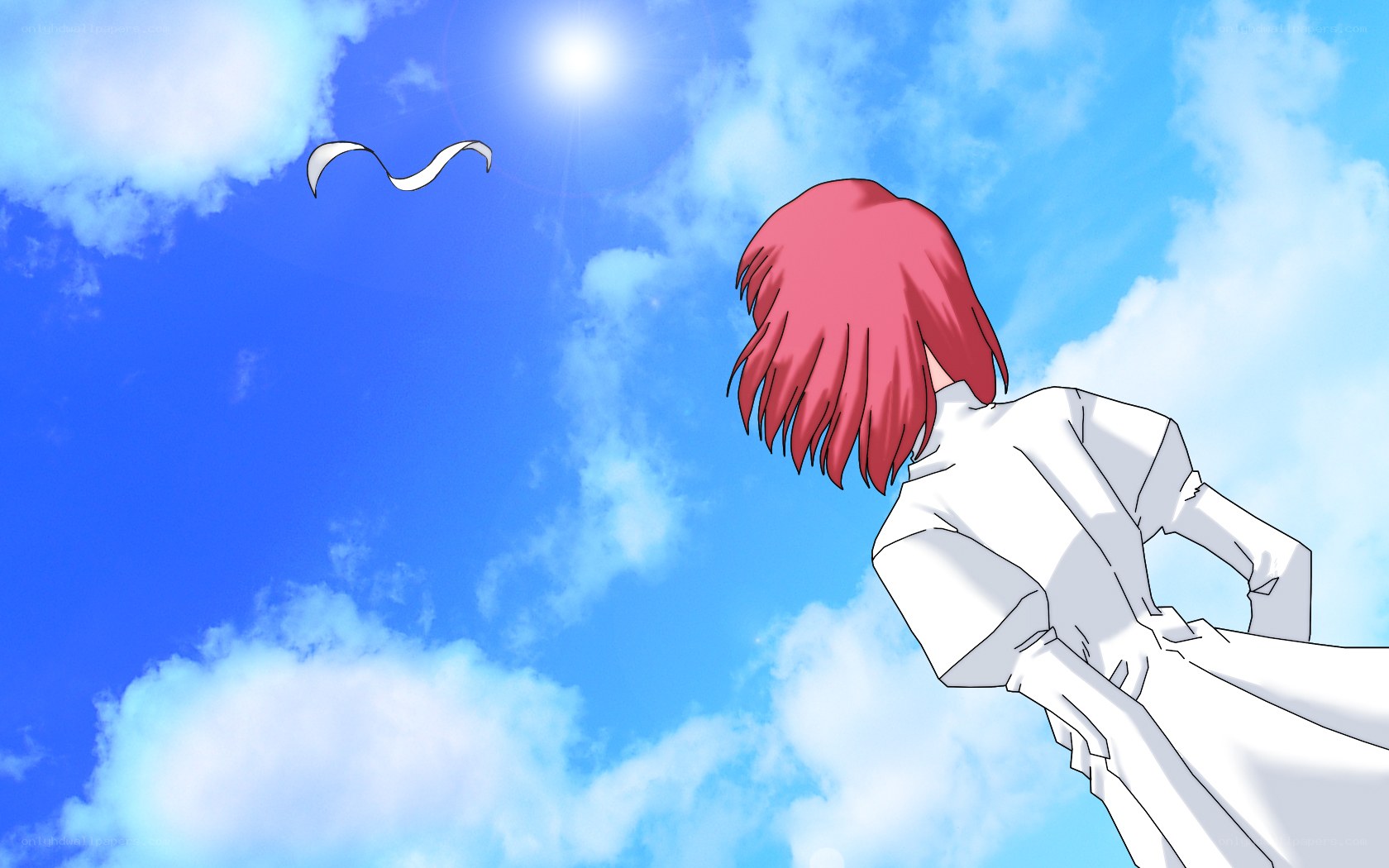 red-haired figure in white robe