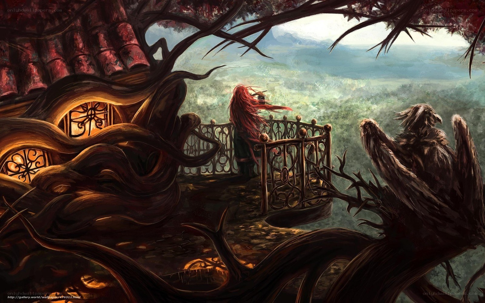 Red-haired figure on a treehouse balcony