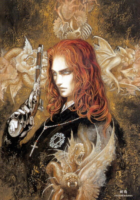 Red-haired figure with gun and demons