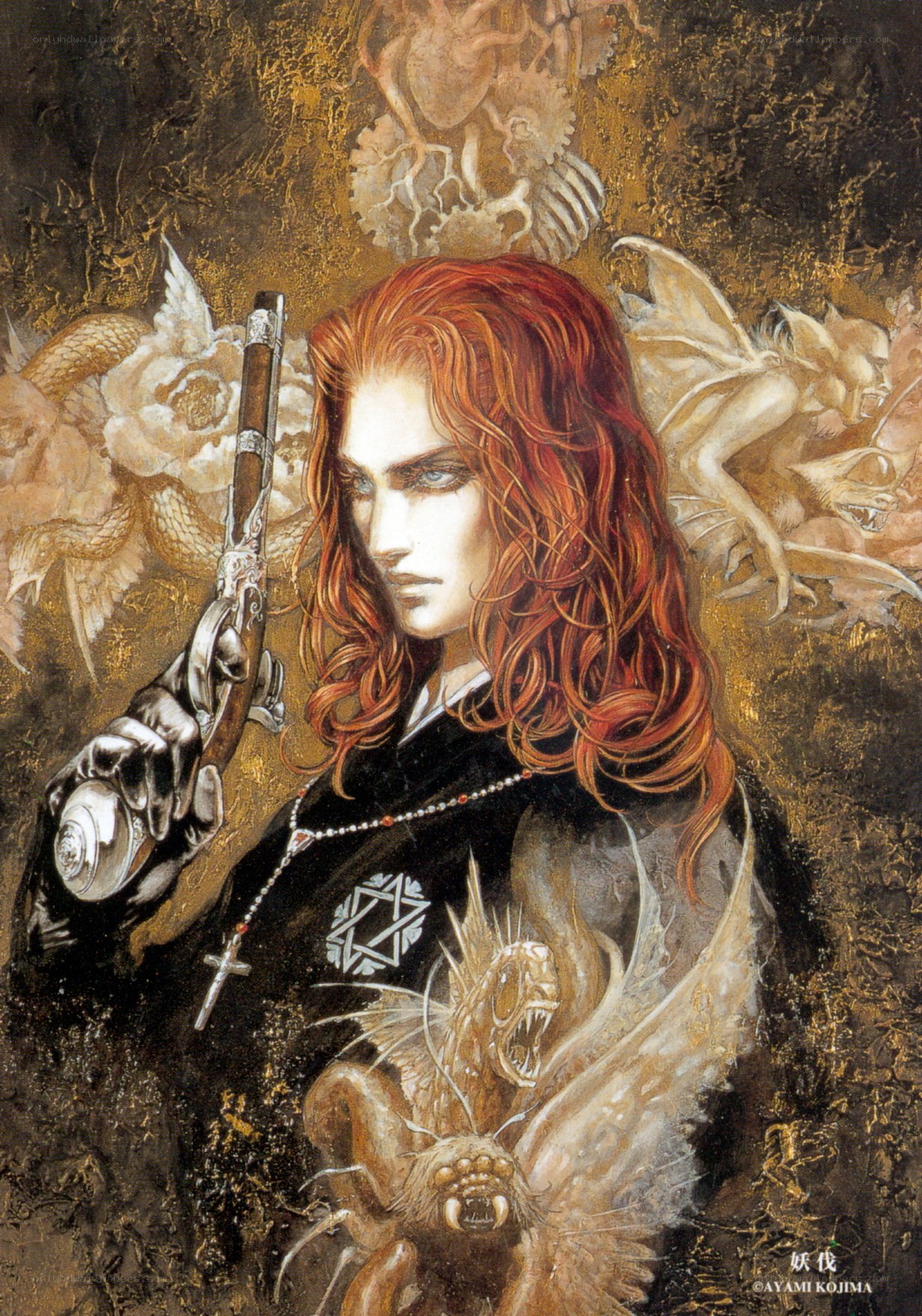Red-haired figure with gun and demons