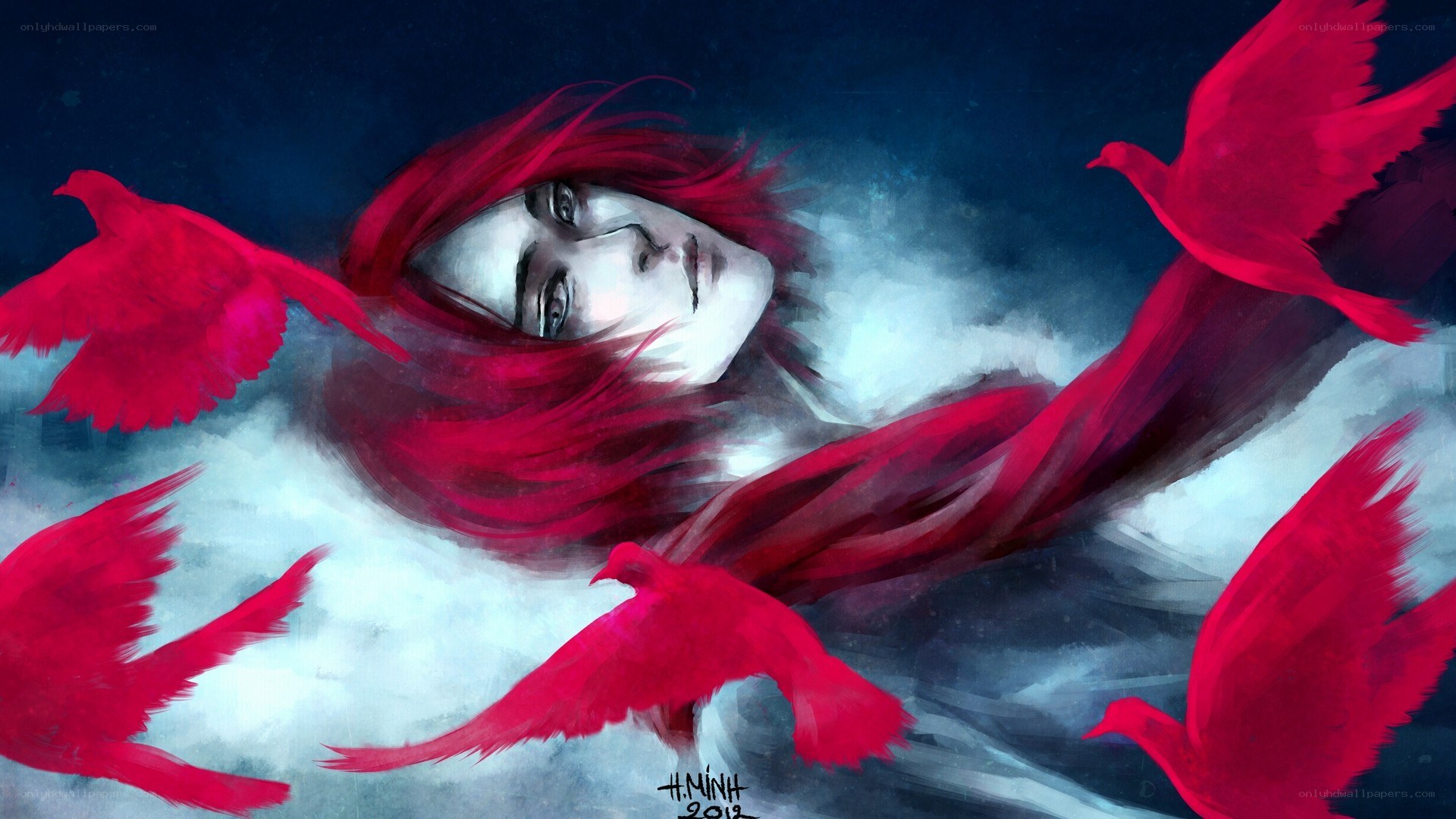 Red-haired figure with red birds