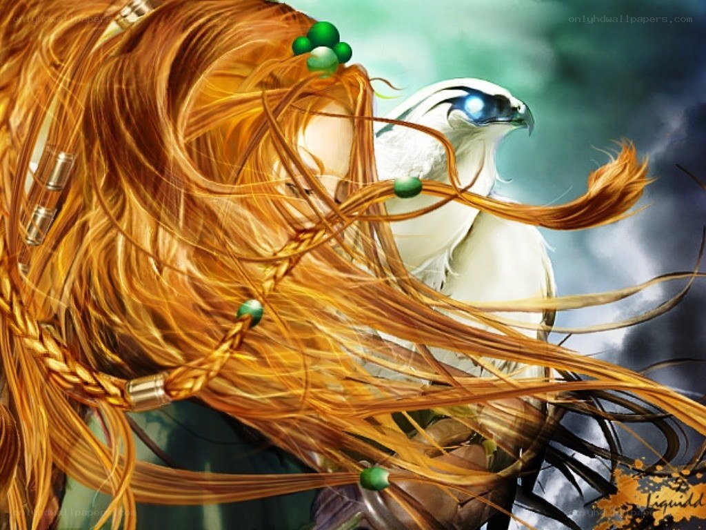 red-haired figure with white bird
