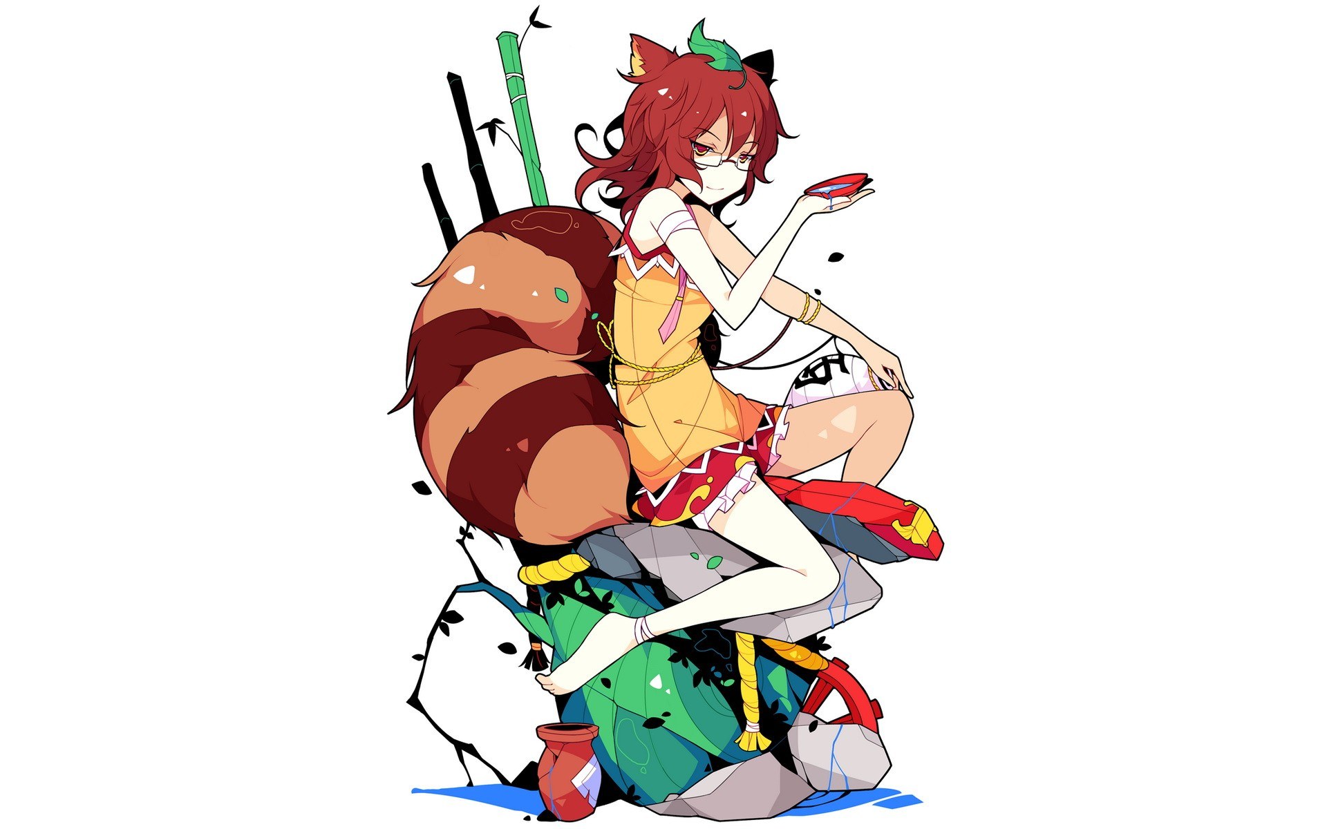 red-haired fox girl with bamboo