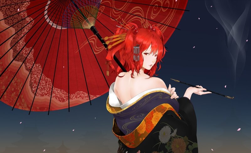Red-haired geisha with parasol