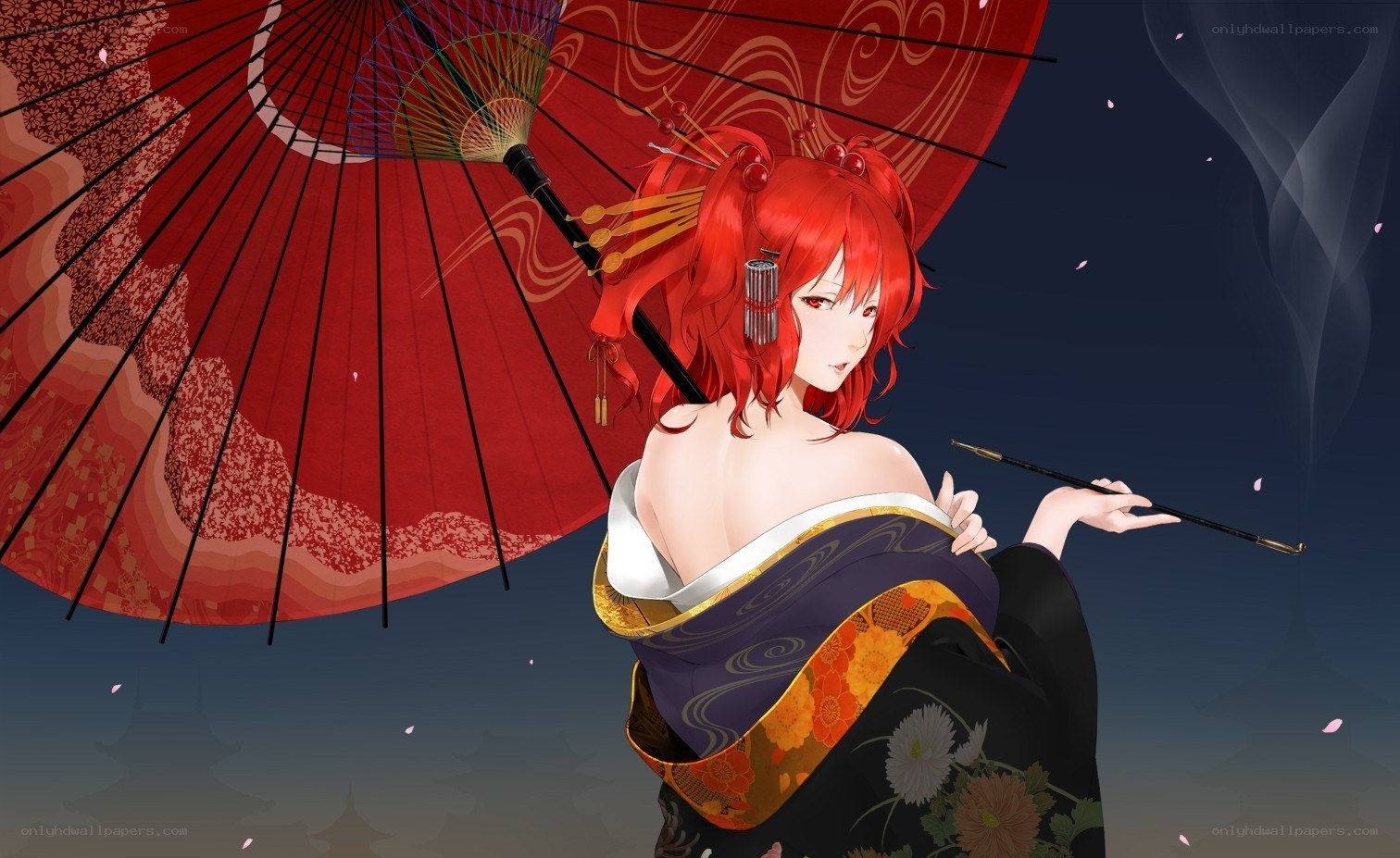 Red-haired geisha with parasol