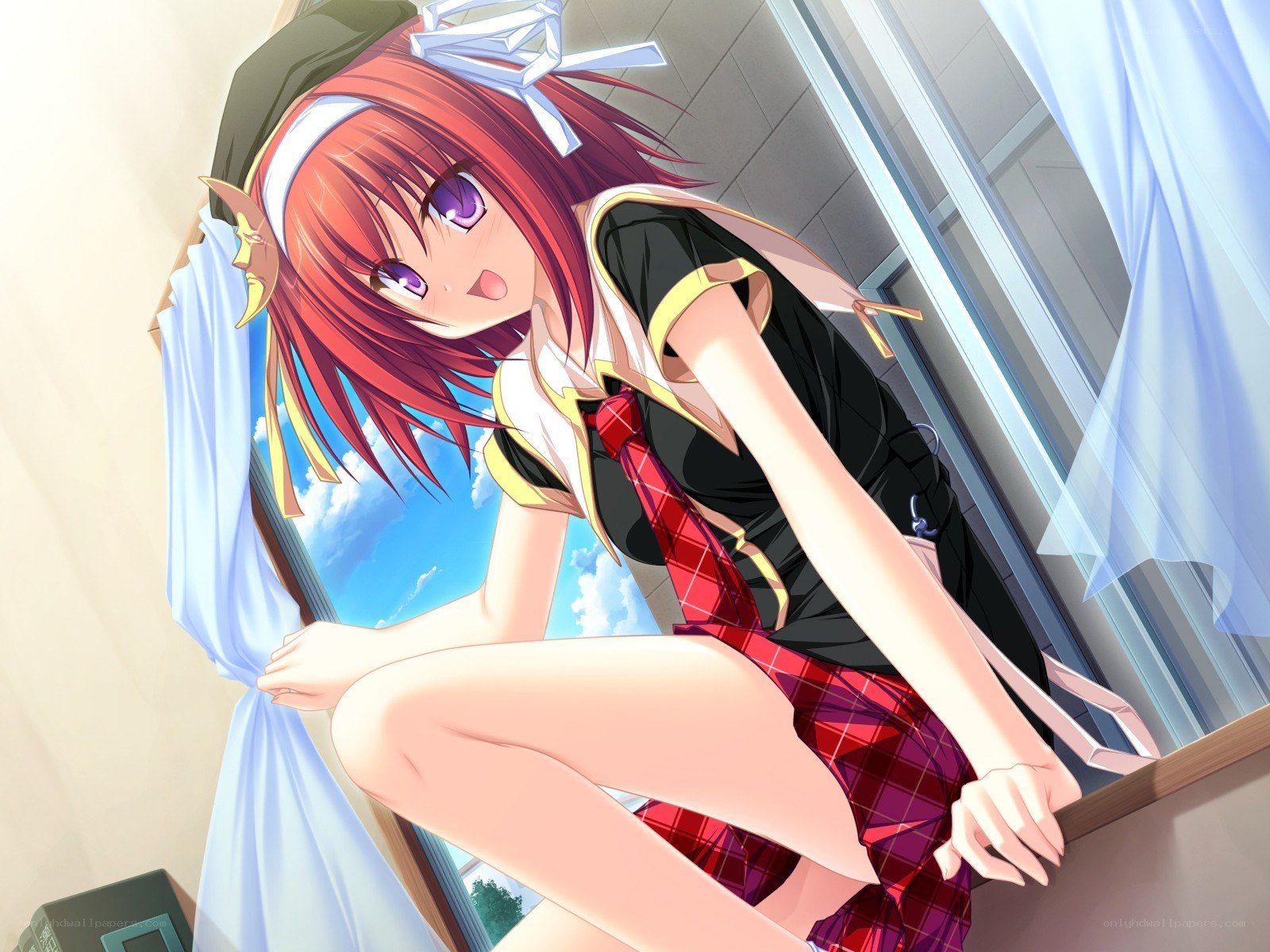 red-haired girl by the window
