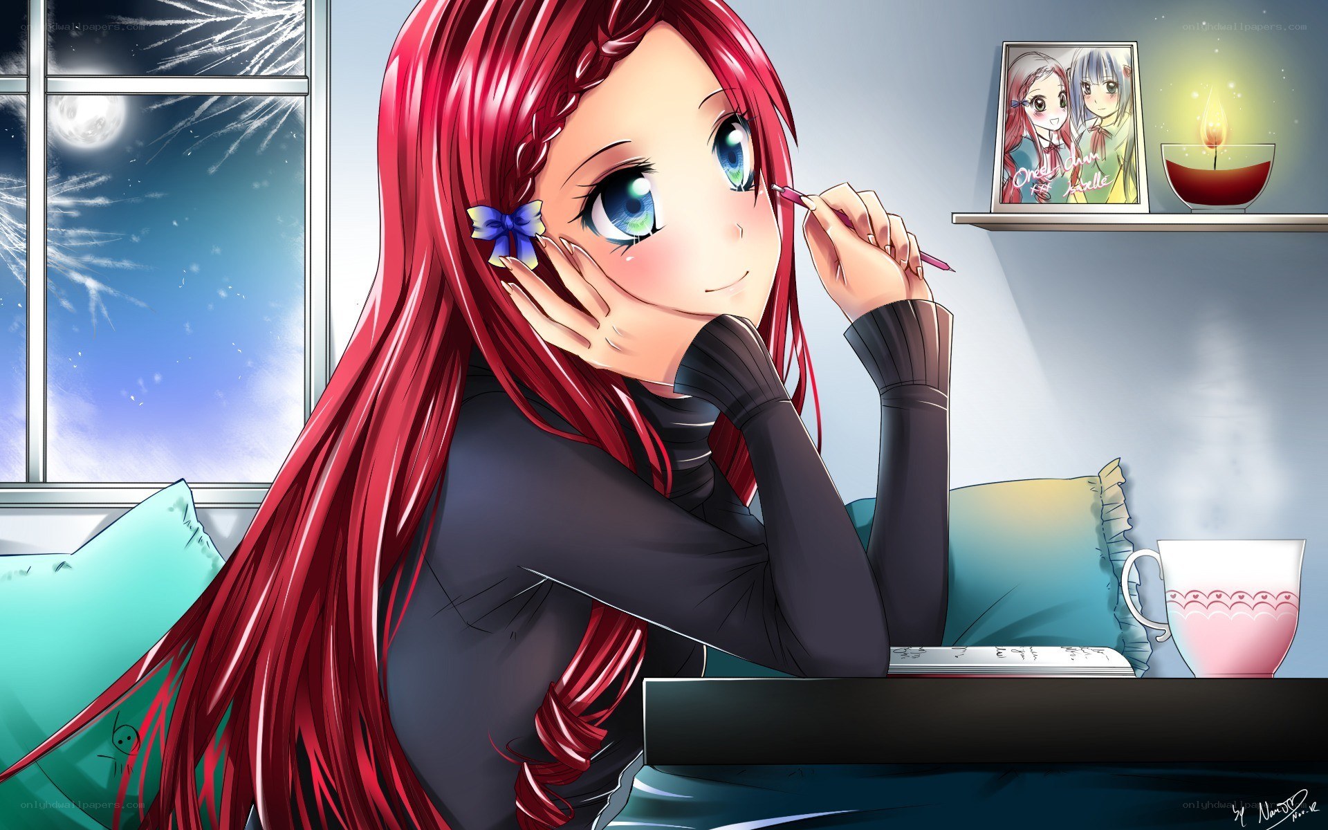 Red-haired girl drawing at night