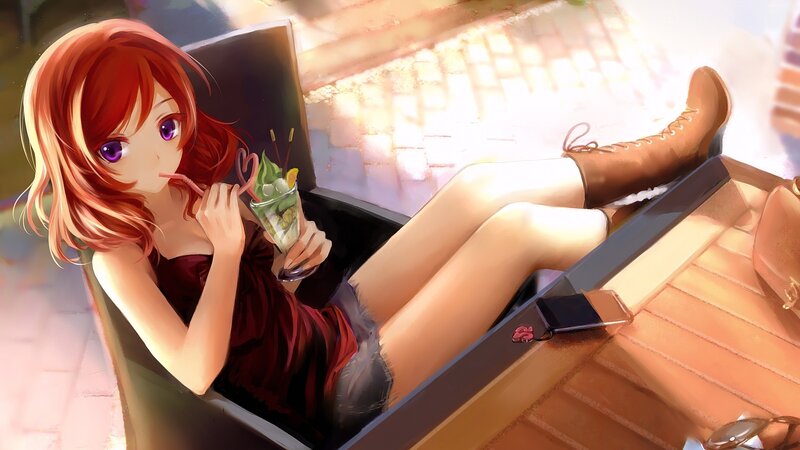 Red-haired Girl Drinking — Red, Relaxed, Afternoon, Anime