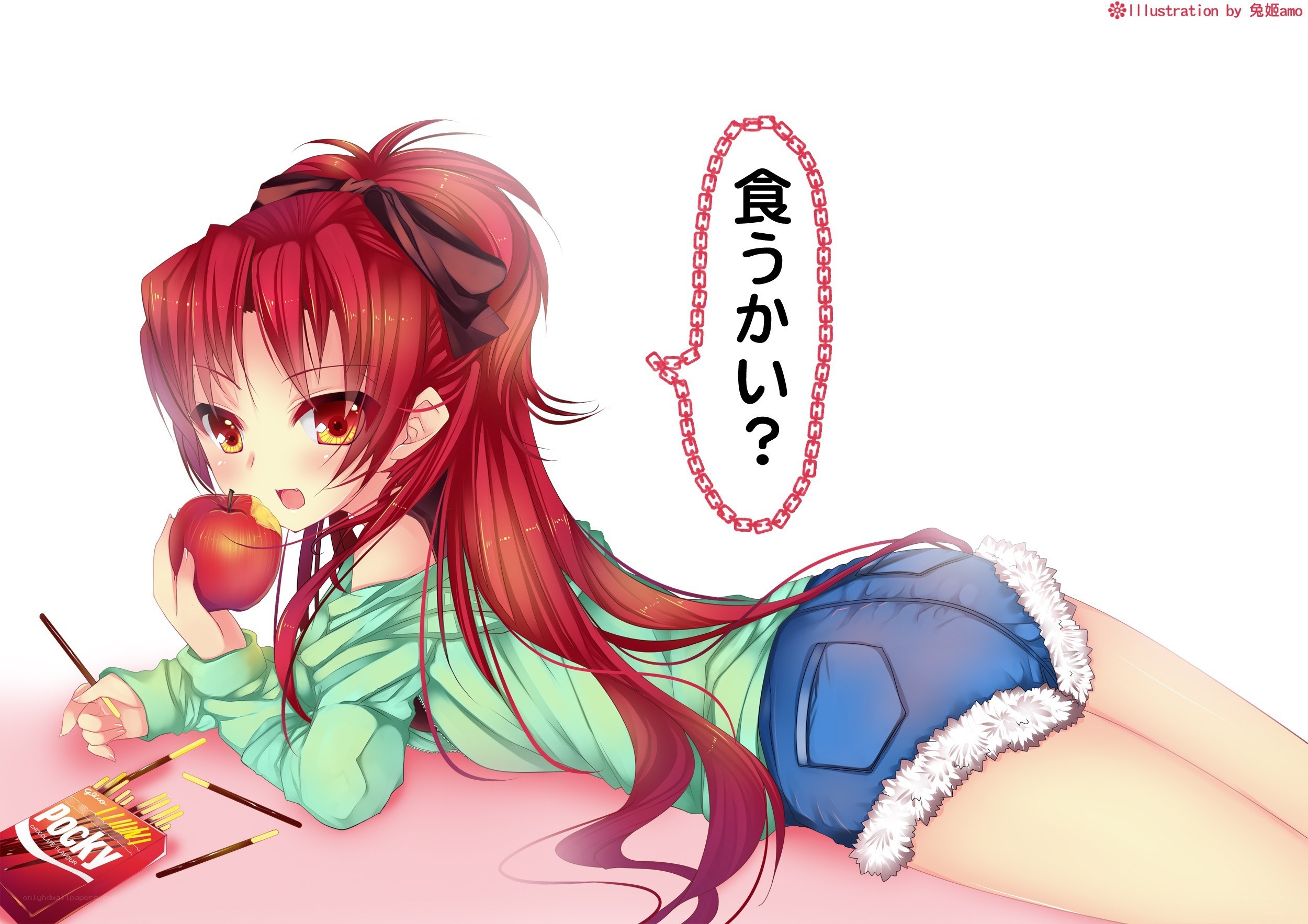 red-haired girl eating apple