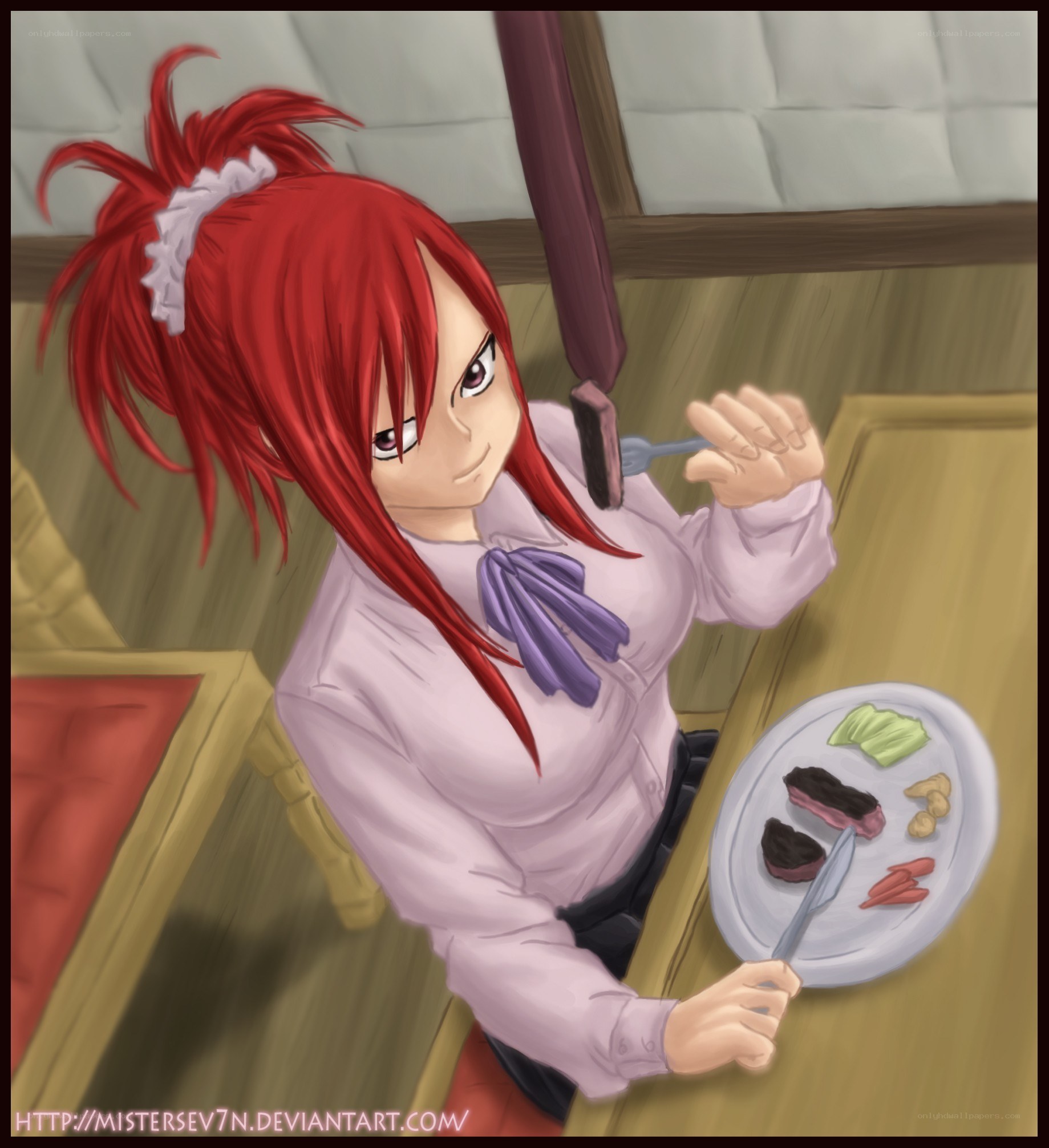 red-haired girl eating dinner