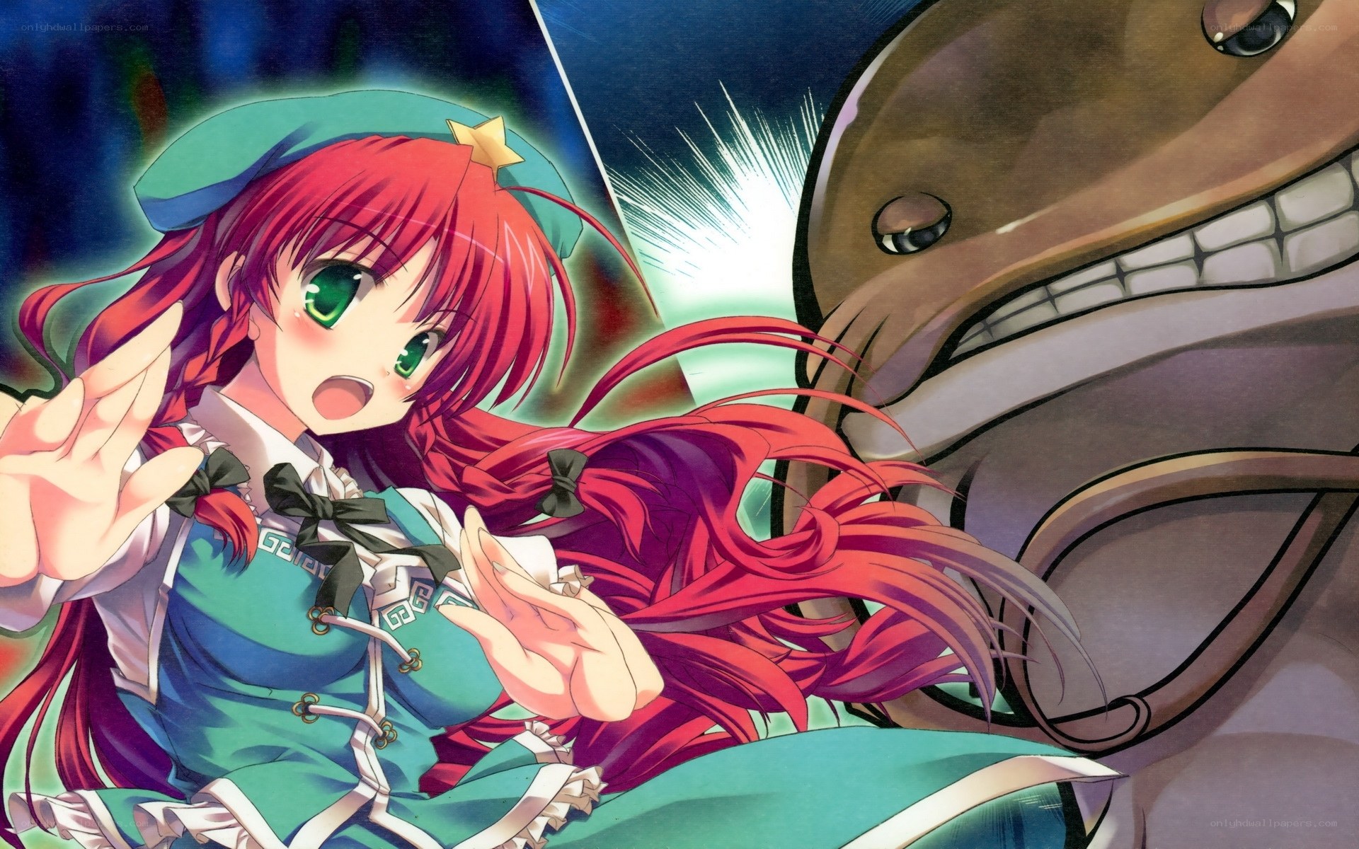 Red-haired girl facing monster