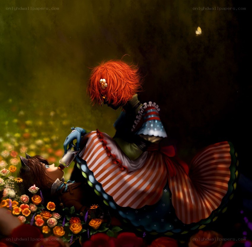 Red-haired girl feeding another