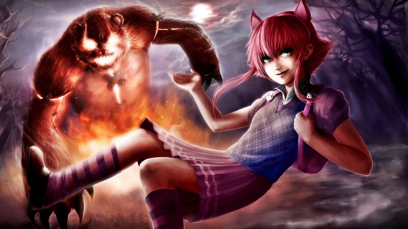 Red-haired Girl Fighting Bear