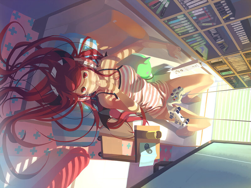Red-haired girl gaming at home