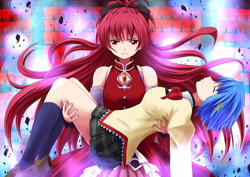Red-haired girl holding blue-haired girl
