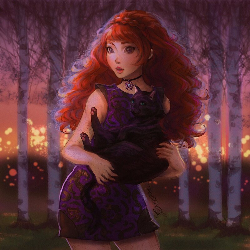 Red-haired Girl Holding Cat — Purple