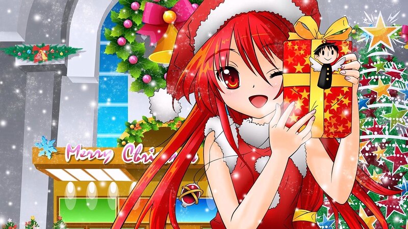 Red-haired Girl Holding Gift — Red, Festive, Winter, Anime, Christmas Tree