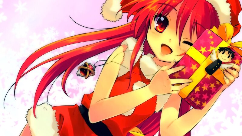 Red-haired Girl Holding Gift — Red, Festive, Winter, Anime, Gift Box