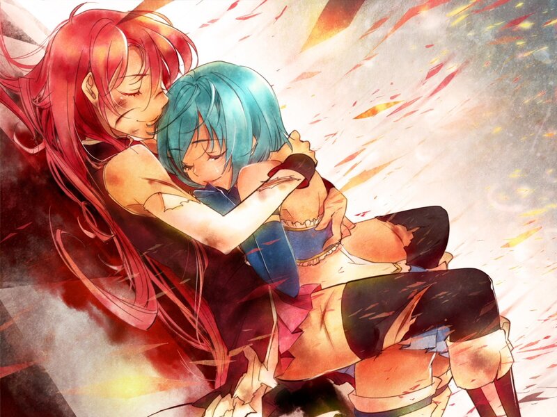 Red-haired girl hugging blue-haired girl