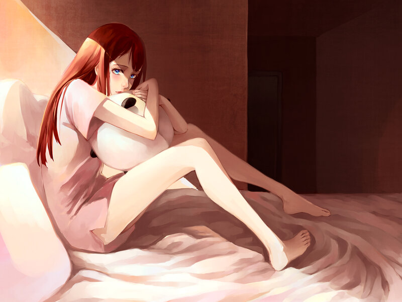 Red-haired Girl Hugging Pillow — Pink